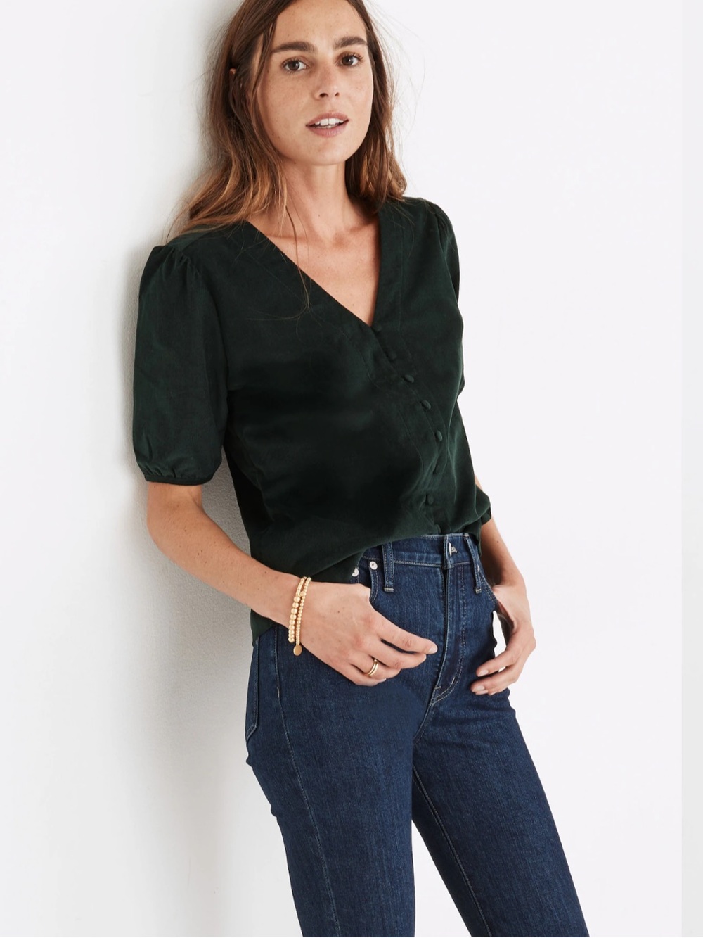 Madewell Corduroy Puff-Sleeve Button-Front Top